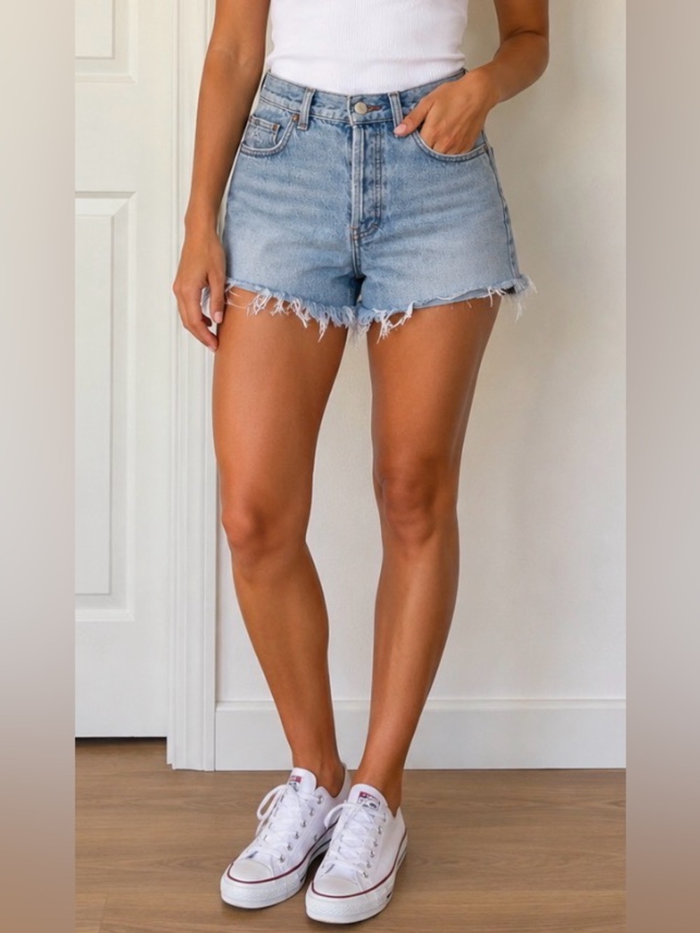 We The Free light Blue High-Rise Frayed Hem Jean Shorts